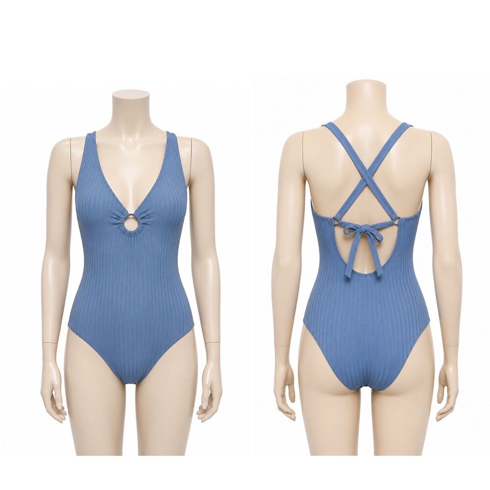 Kona Sol Womens XL Blue Ribbed One Piece Swimsuit Ring Strappy Lining Padded